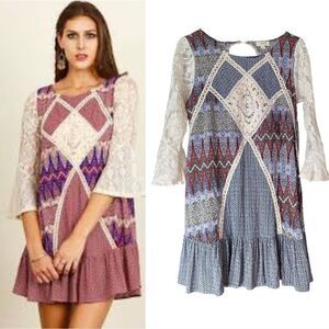 Umgee Blue Bohemian White Floral Lace Bell Sleeves Mini Tunic Dress Large